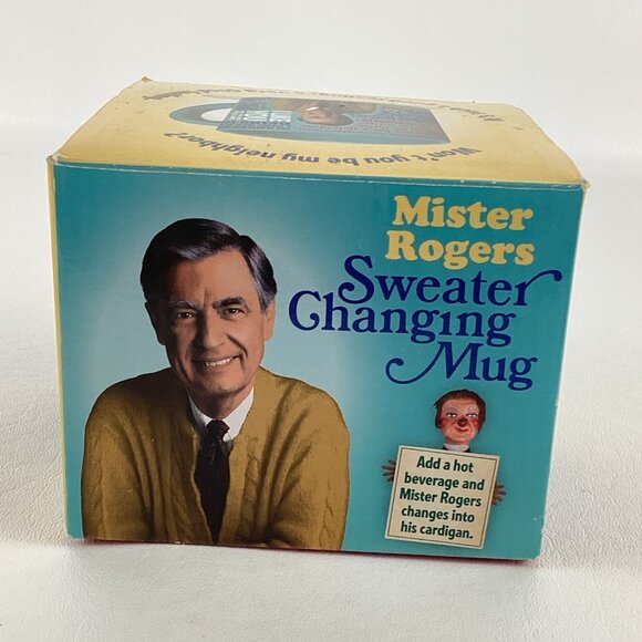 Mister Rogers Sweater Changing Mug Add Hot Beverage Cardigan Changes Neighbor - Picture 1 of 6